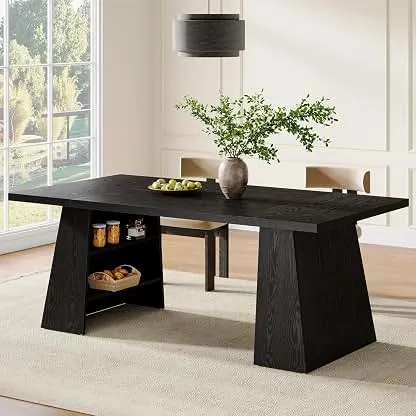 Tribesigns Black Dining Table for 4-6 People, 63-Inch Rectangular Wooden Modern Kitchen Table with Storage Shelves and Double Pedestal, Kitchen & Dining Room Furniture Tribesigns Black Dining Table for 4-6 People, 63-Inch Recta…