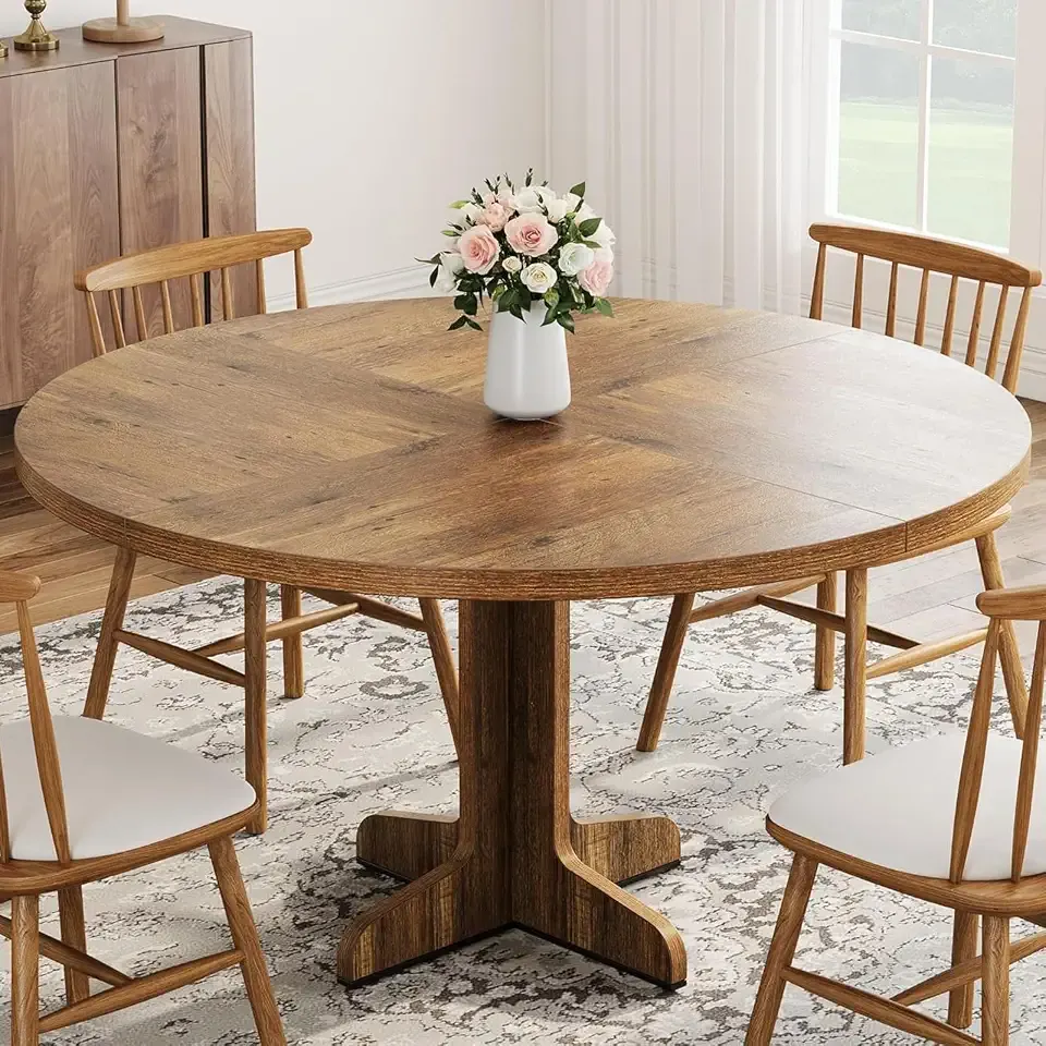 47" Round Dining Table for 4, Farmhouse Kitchen Dining Room Table, Brown | Circle Dinner Table, Kitchen Dining Room Furniture (Table Only)