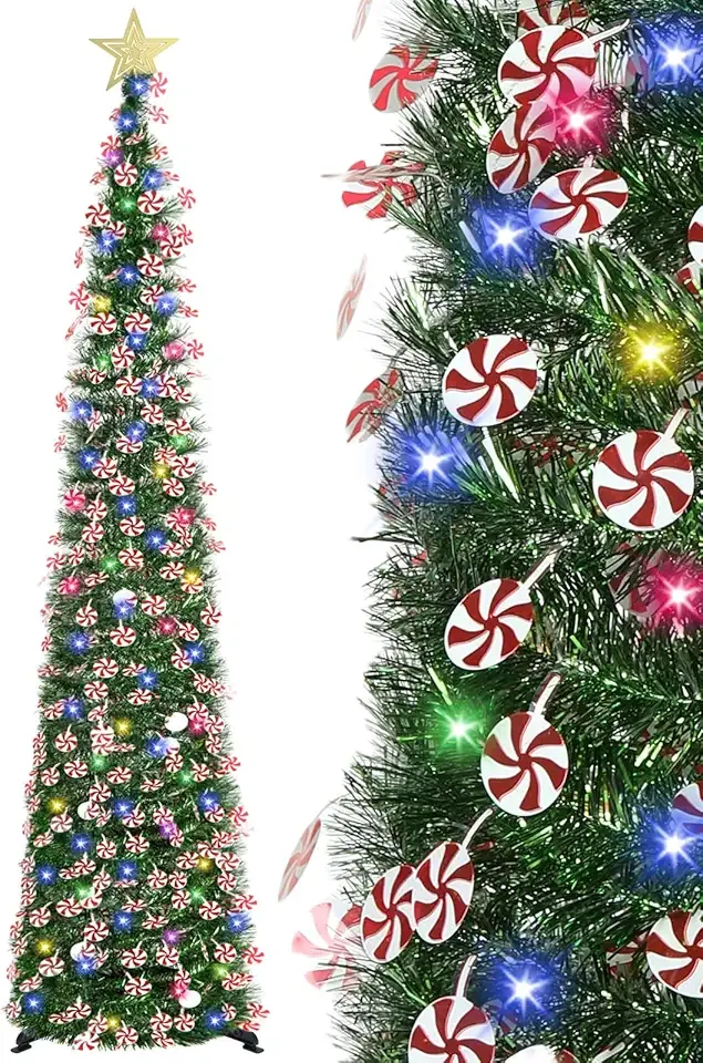 HMASYO 6 FT Pop Up Tinsel Christmas Tree with 100 Colored Timer Lights & Remote, Green Candy Collapsible Artificial Pencil Tree Xmas Decoration for Home, Office, Party, USB Powered, Easy Assembly