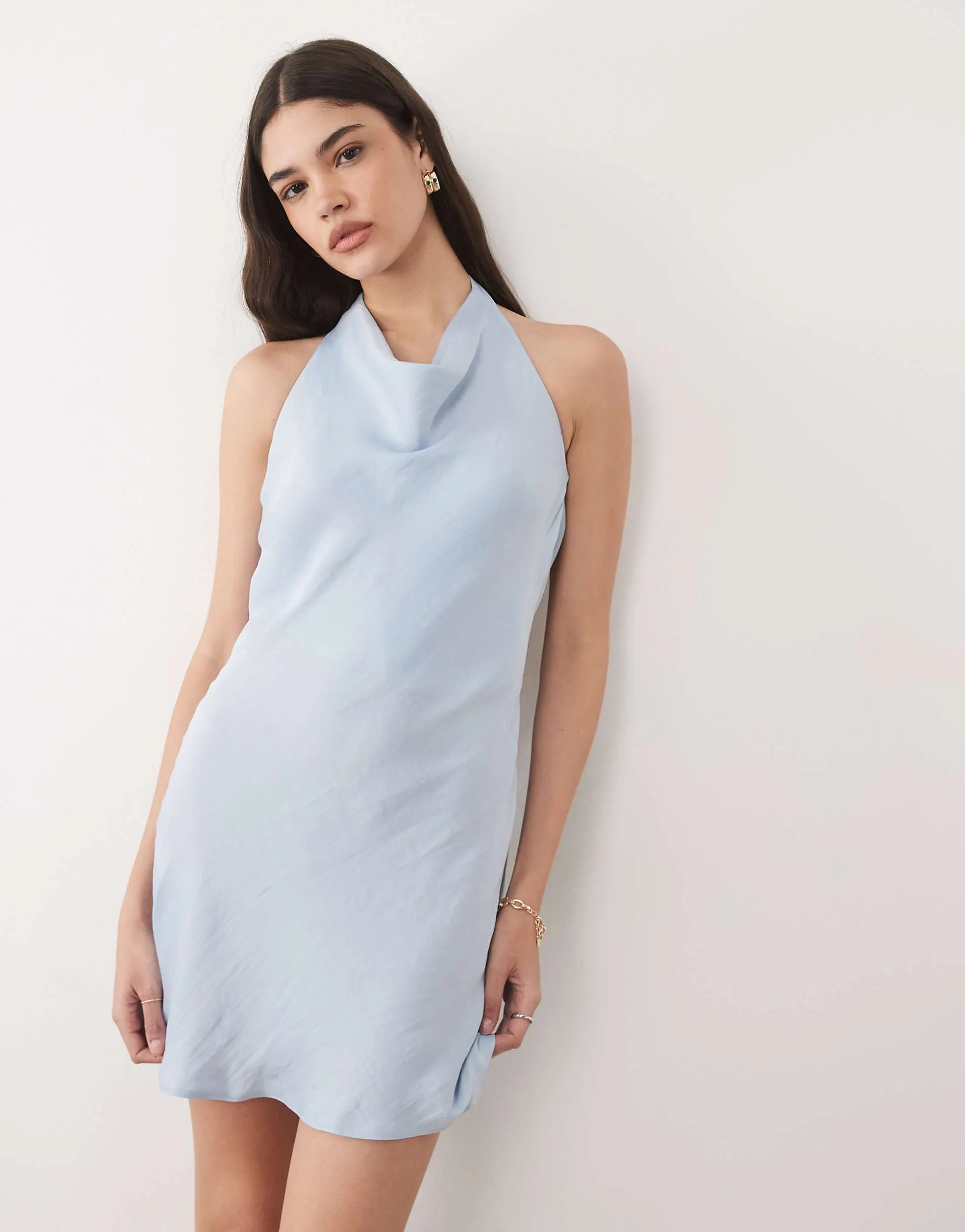 New Look halterneck satin mini dress in light blue