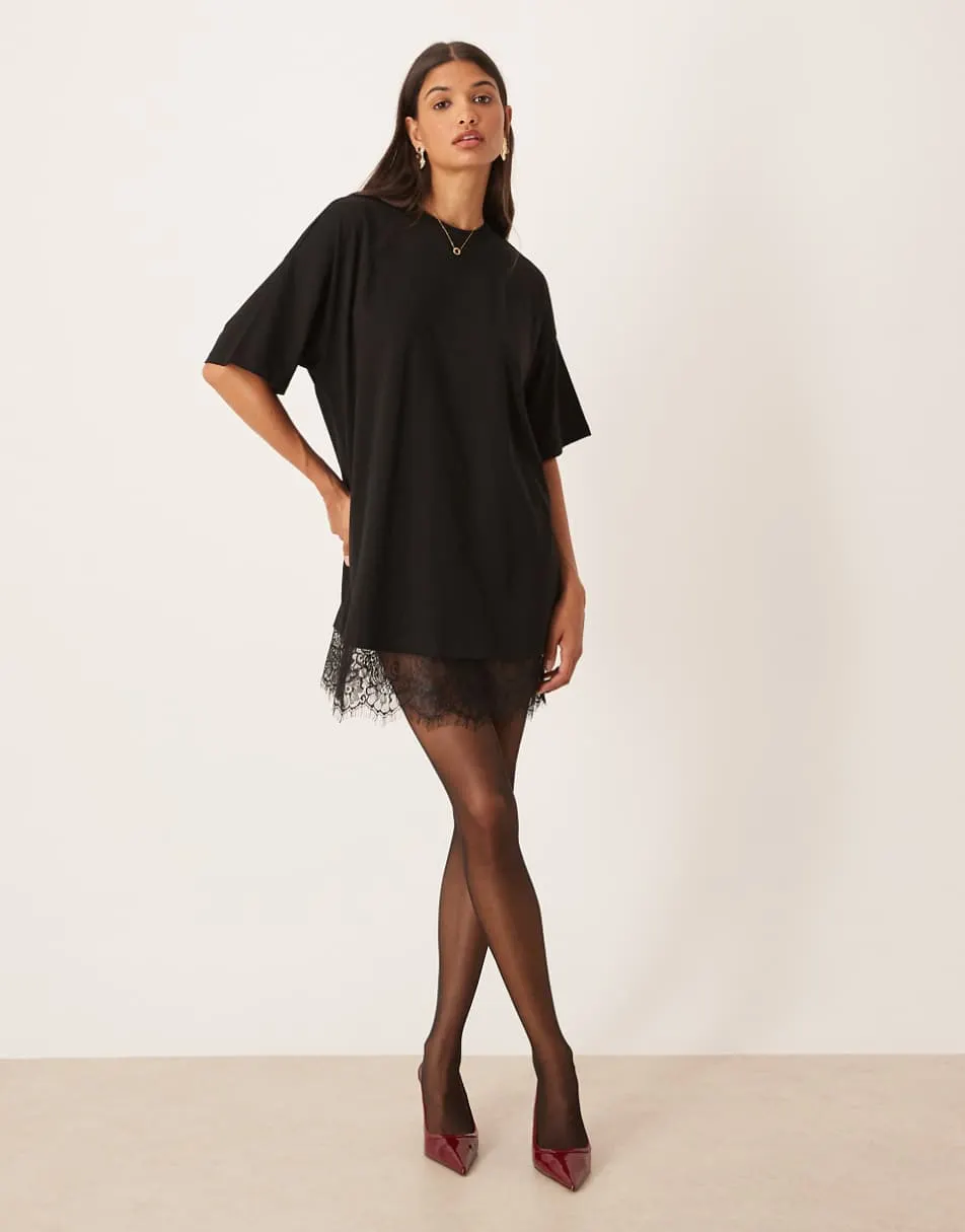 ASOS DESIGN oversized mini dress with lace hem trim in black