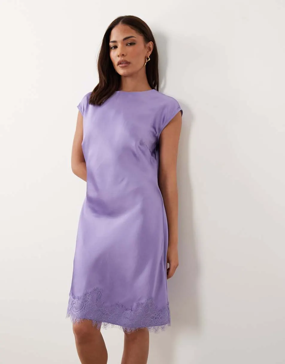 ASOS DESIGN Petite slash neck satin mini dress with lace hem in lilac