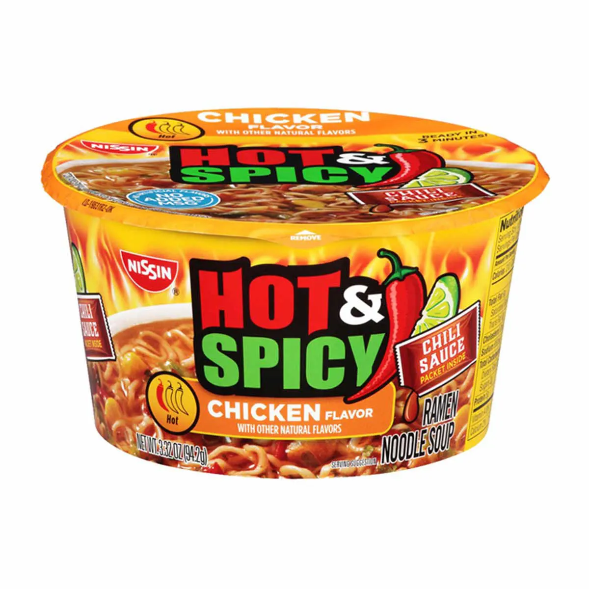 Nissin Hot & Spicy Ramen Noodle Soup, Chicken Flavor, 3.32 oz
