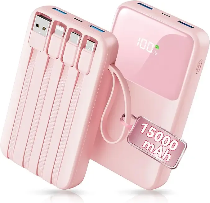 45% Smaller Portable Charger, 15000mAh Power Bank Built-in 4 Cables, Pink | 50% More Capacity, Slim Travel Essential Battery Pack, 30-Min 22.5W Fast Charge to 50% for iPhone/Samsung