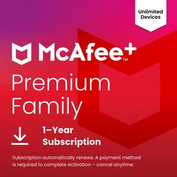 McAfee + Premium Family, Unlimited Devices, 1-Year Subscription with Auto-Renewal (E-delivery)