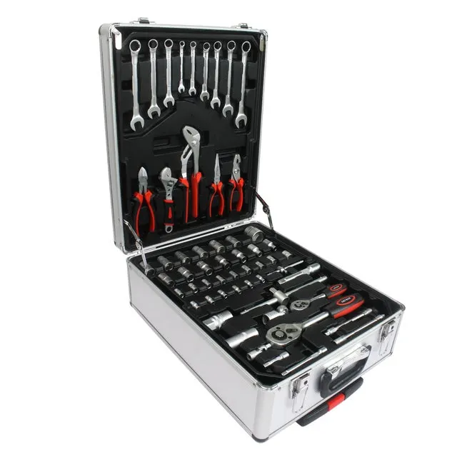 Set di attrezzi 899 pezzi, porta attrezzi con ruote in alluminio e plastica, 4 scomparti, argento, dimensioni 36.5x20x51 cm