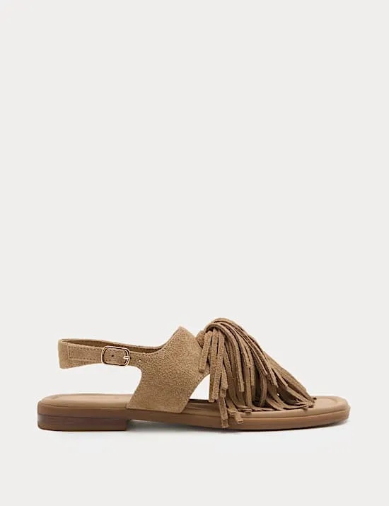 Suede Fringed Block Heel Sandals