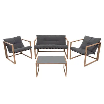 Set da giardino 4 pezzi Struttura in Metallo Effetto Legno,Top in Vetro e Cuscini Antracite inclusi