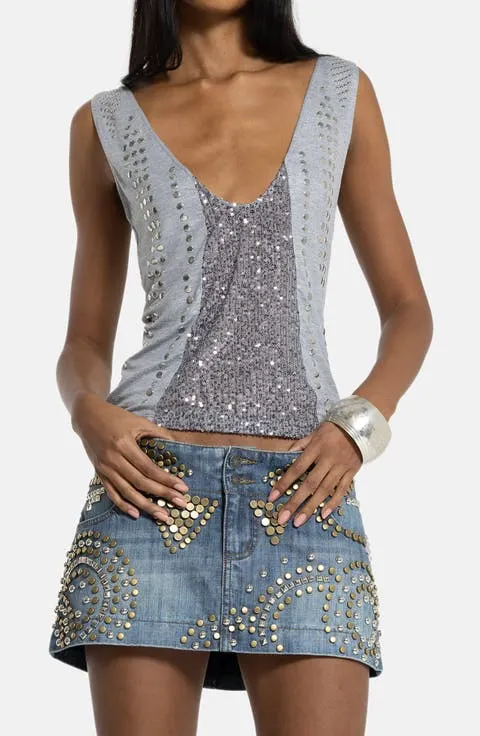 Studded Sequin Plunge Neck Tank