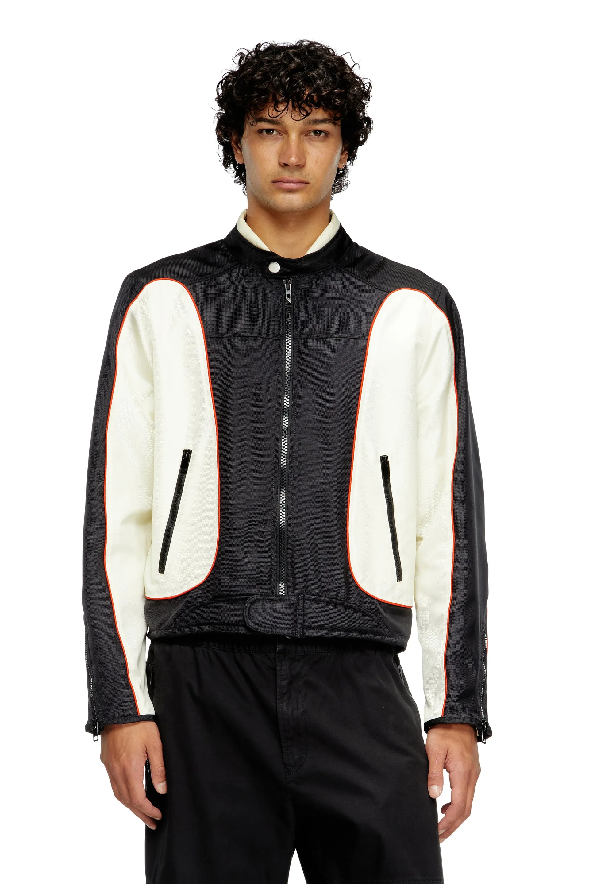 Colour-block biker jacket with piping