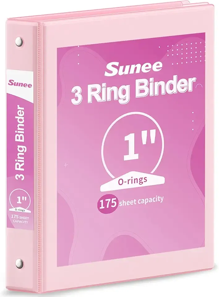 SUNEE Binder 3 Ring 1 Inch 1 Pack, Clear View 1" Binder Three Ring PVC-Free (Fit 8.5x11 Inches) for School or Office Supplies, Pink