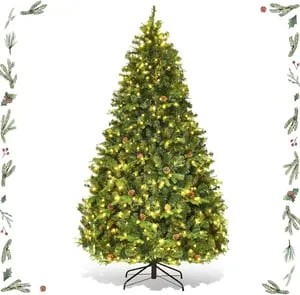Árbol de Navidad artificial de 210 cm con luces, 61 piñas, 460 LED blanco cálido, hojas de PVC y PE ignífugas, 925 ramas, color verde