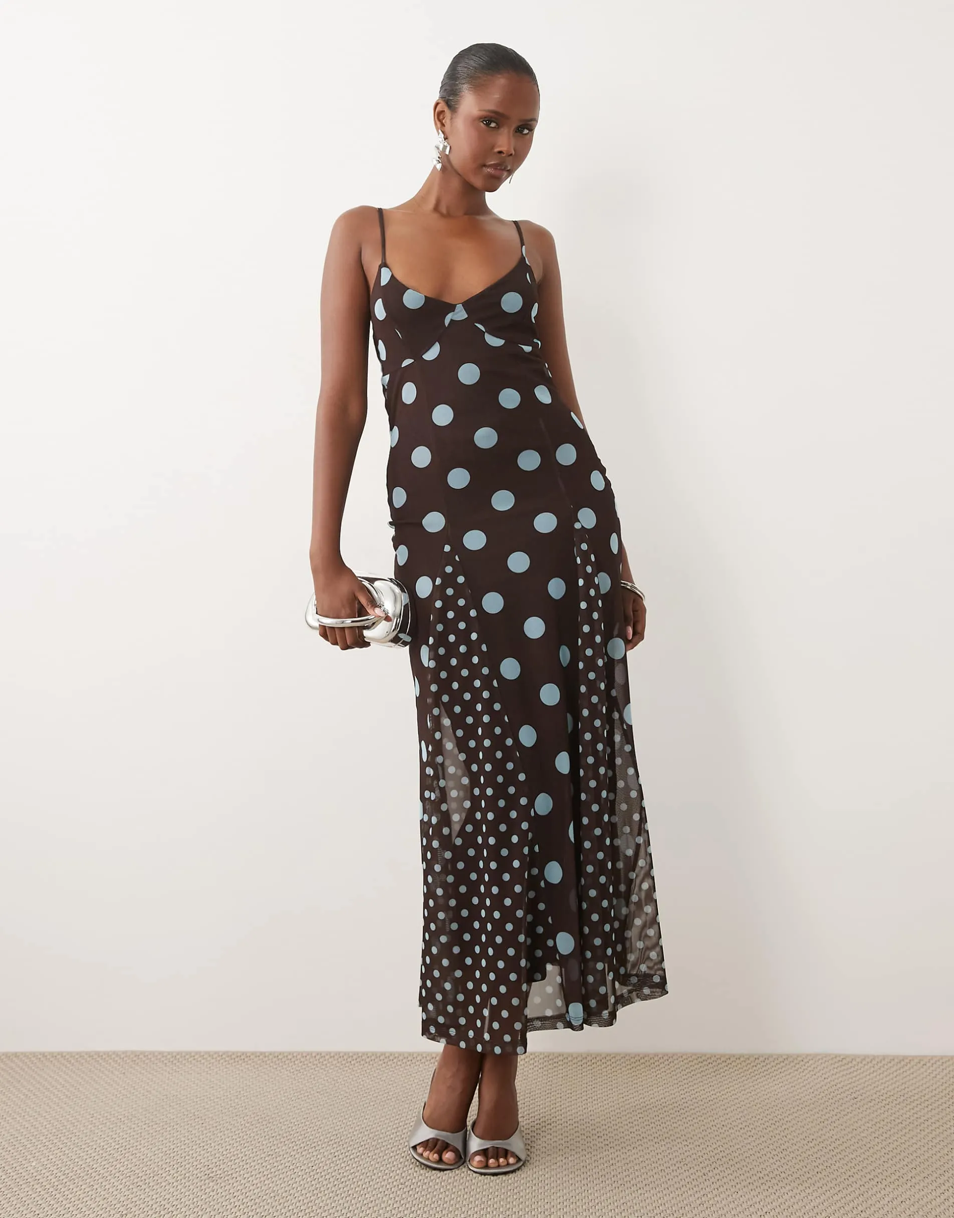 ASOS DESIGN mix polka dot scarf detail midi dress blue and brown