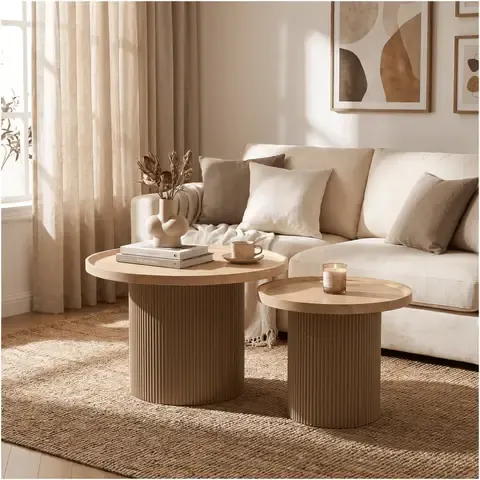 Juego Mesa De Centro Lateral Living Redonda Doble melamina
