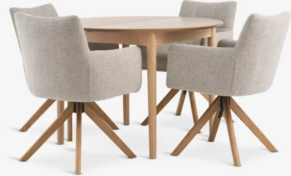 MARSTRAND + VEMMETOFTE MARSTRAND Ø110 tafel naturel eiken + 4 VEMMETOFTE beige