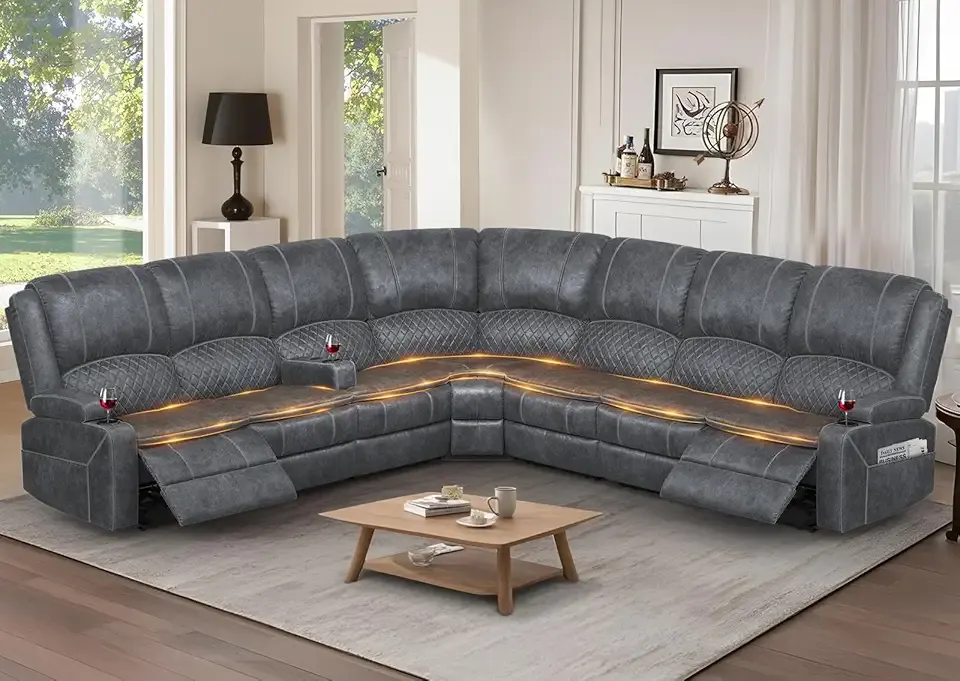 Manual Reclining Sectional Sofa Set, 7 Seats Soft Dutch Velvet Recliner Corner Sectional Couch, Family-Sized L-Shaped Recliner Couch with USB Charging, Thickened Padding, Sturdy Frame, Grey