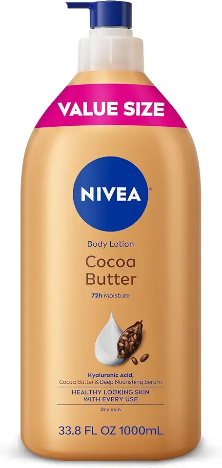 NIVEA Cocoa Butter Body Lotion for Dry Skin with Hyaluronic Acid, Cocoa Butter and Deep Nourishing Serum, 72-Hour Body Moisturizer, 33.8 Fl Oz Value Size Pump Bottle