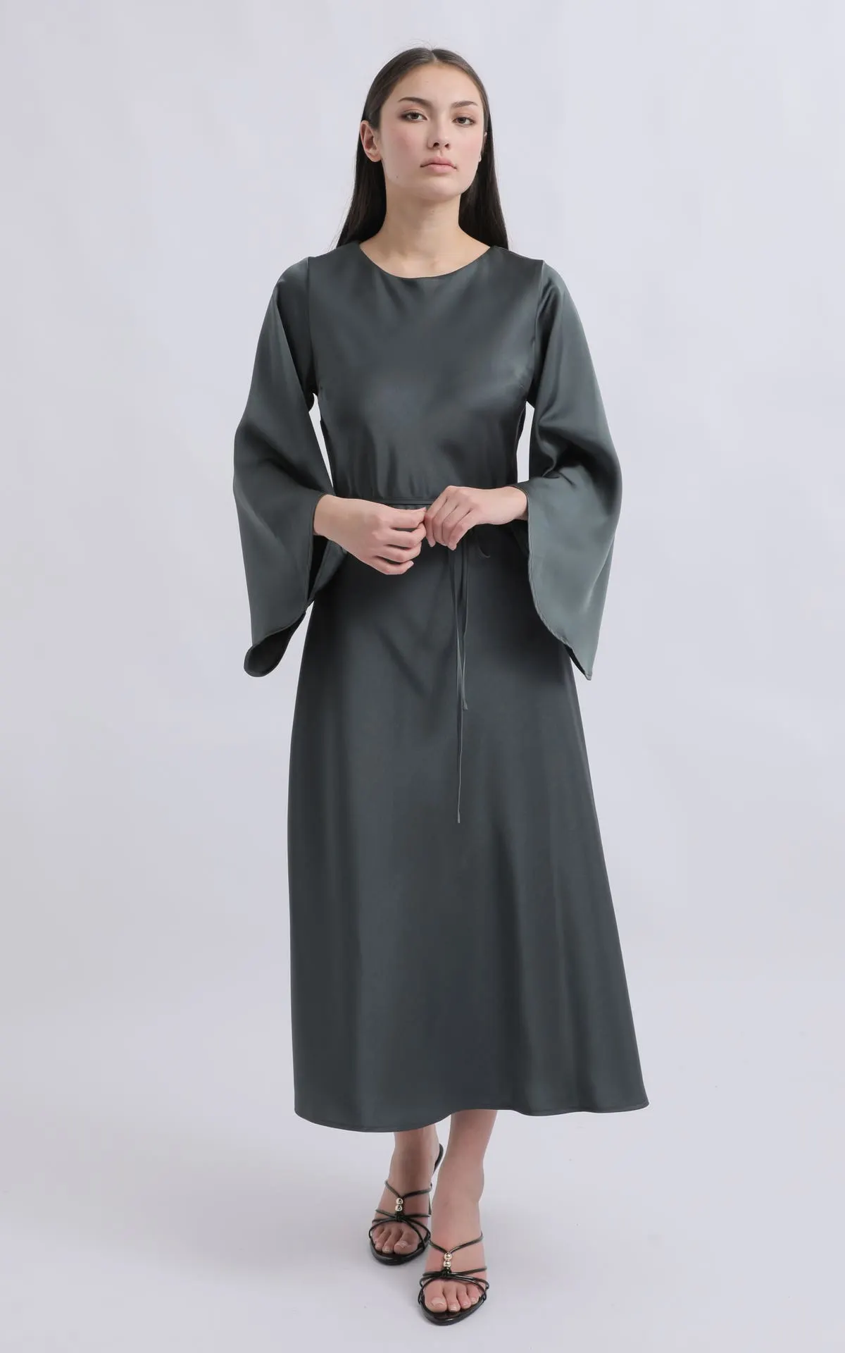 Satin Flared Sleeve Midi Dress