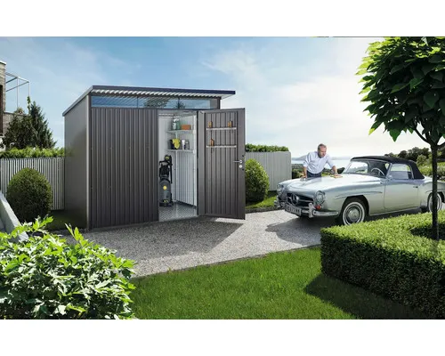 Plechový zahradní domek Biohort AvantGarde A7 jednokřídlé dveře 254 x 254 cm tmavě šedý metalický