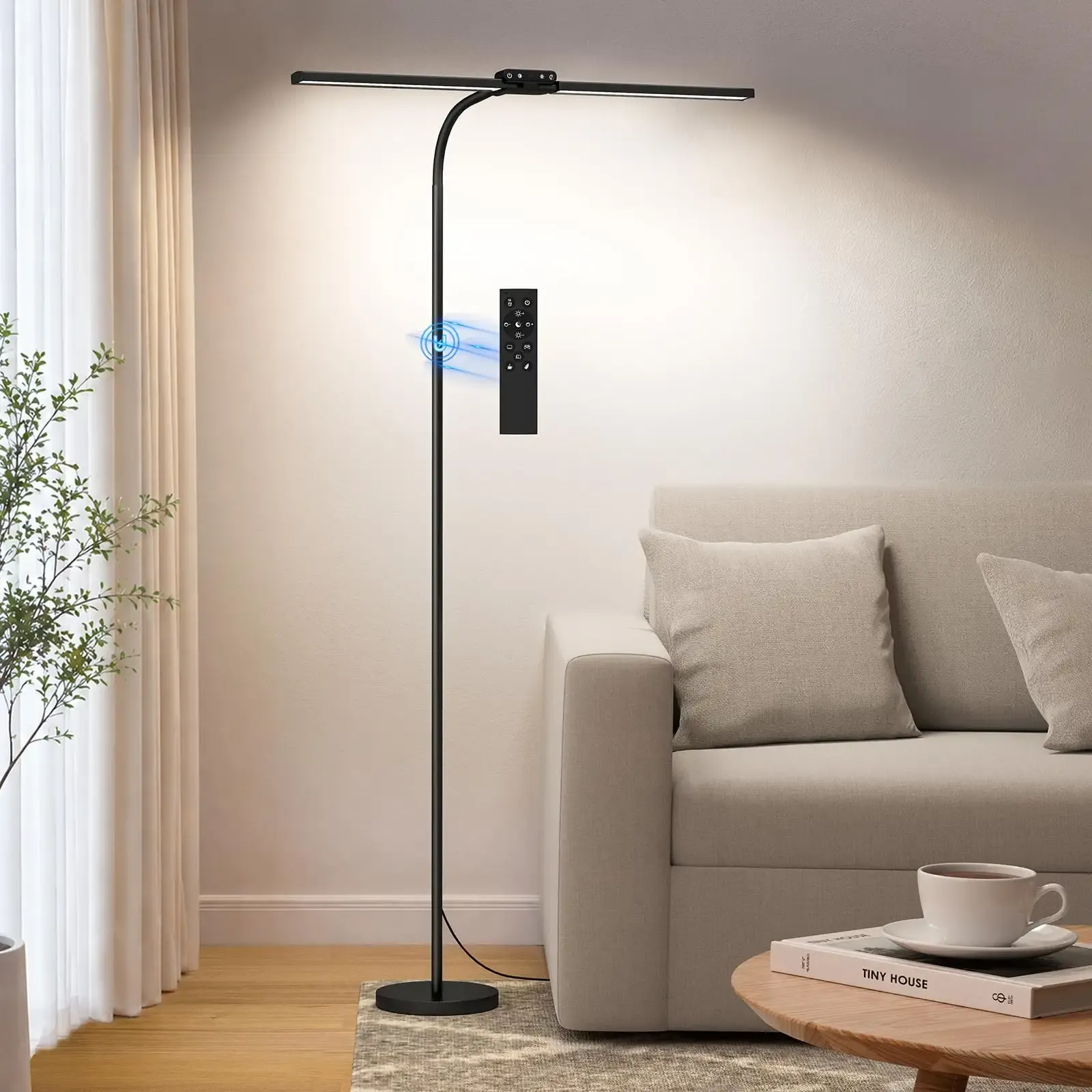 SIBRILLE LED Floor Lamp, 24W Dual Head Dimmable Standing Lamp with Remote & Touch Control, Adjustable Gooseneck, 3000K-6500K Modern Reading Lamp for Living Room, Bedroom, Office & Crafts