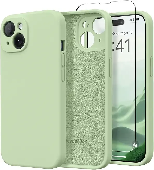 Magnetic for iPhone 15 Case, Compatible with MagSafe, [Screen Protector + Full Camera Protection], Silicone Shockproof Anti-Scratch Protective Phone Case for iPhone 15 6.1", Matcha