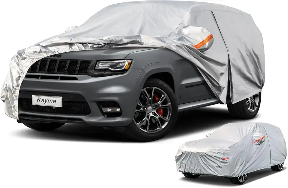 Kayme 6 Layers SUV Car Cover Waterproof All Weather for Automobiles, Outdoor Full Size Cover Rain Sun UV Protection with Zipper Cotton, Universal Fit for SUV Jeep (191-200 inch)