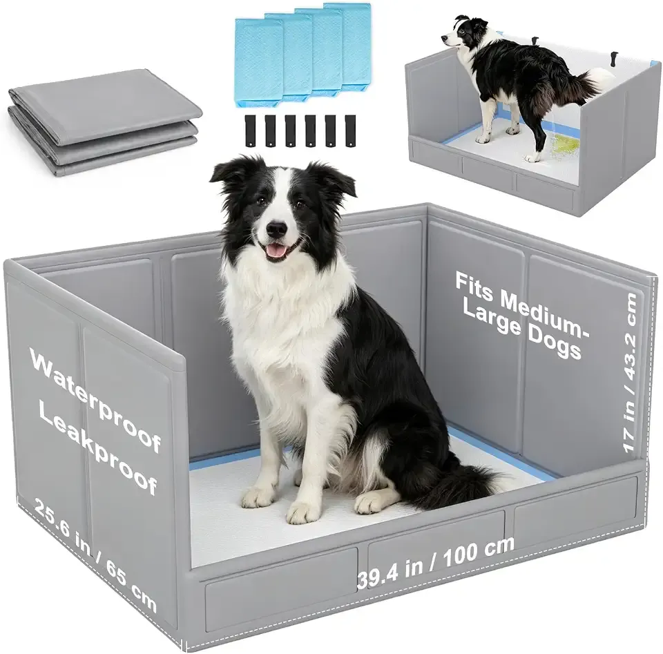 BoYata Dog Litter Box with High Walls, Foldable Dog Pee Pad Holder Indoor | 39.4×25.6×17", Waterproof & Leakproof, Large Dog Potty Tray, Easy to Clean, Seamless No Assembly, Portable for Travel