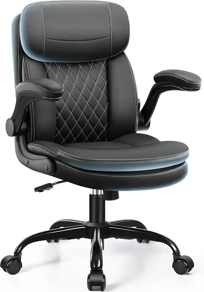 Leather Office Chair, Upgraded PU Computer Desk Chairs with Double-Layer Seat Cushion and Neckrest, 360°Swivel, Ergonomic Small Gaming Chair with Wheels and Adjustable Armrests for Short People, Black