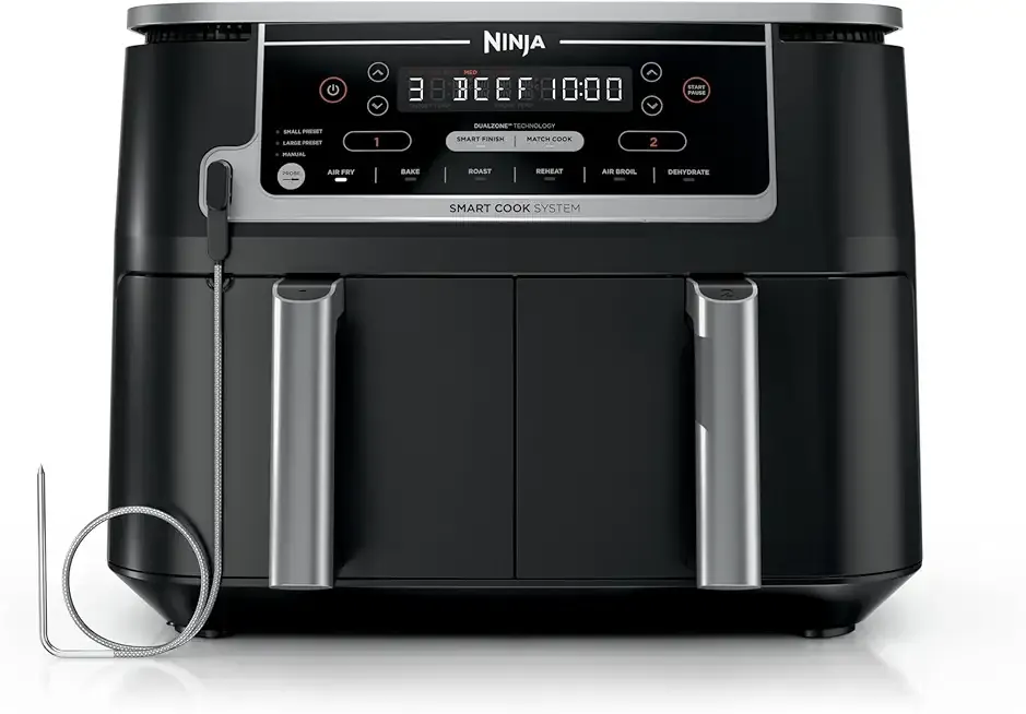 Ninja DZ550 Foodi 10 Quart 6-in-1 DualZone Smart XL Air Fryer with 2 Independent Baskets, Thermometer for Perfect Doneness, Match Cook & Smart Finish to Roast, Dehydrate & More, Grey