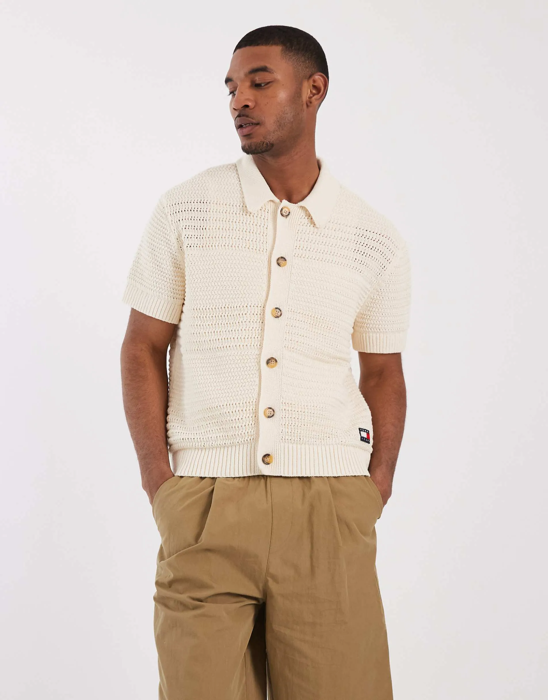 Tommy Jeans crochet short sleeve cardigan in beige