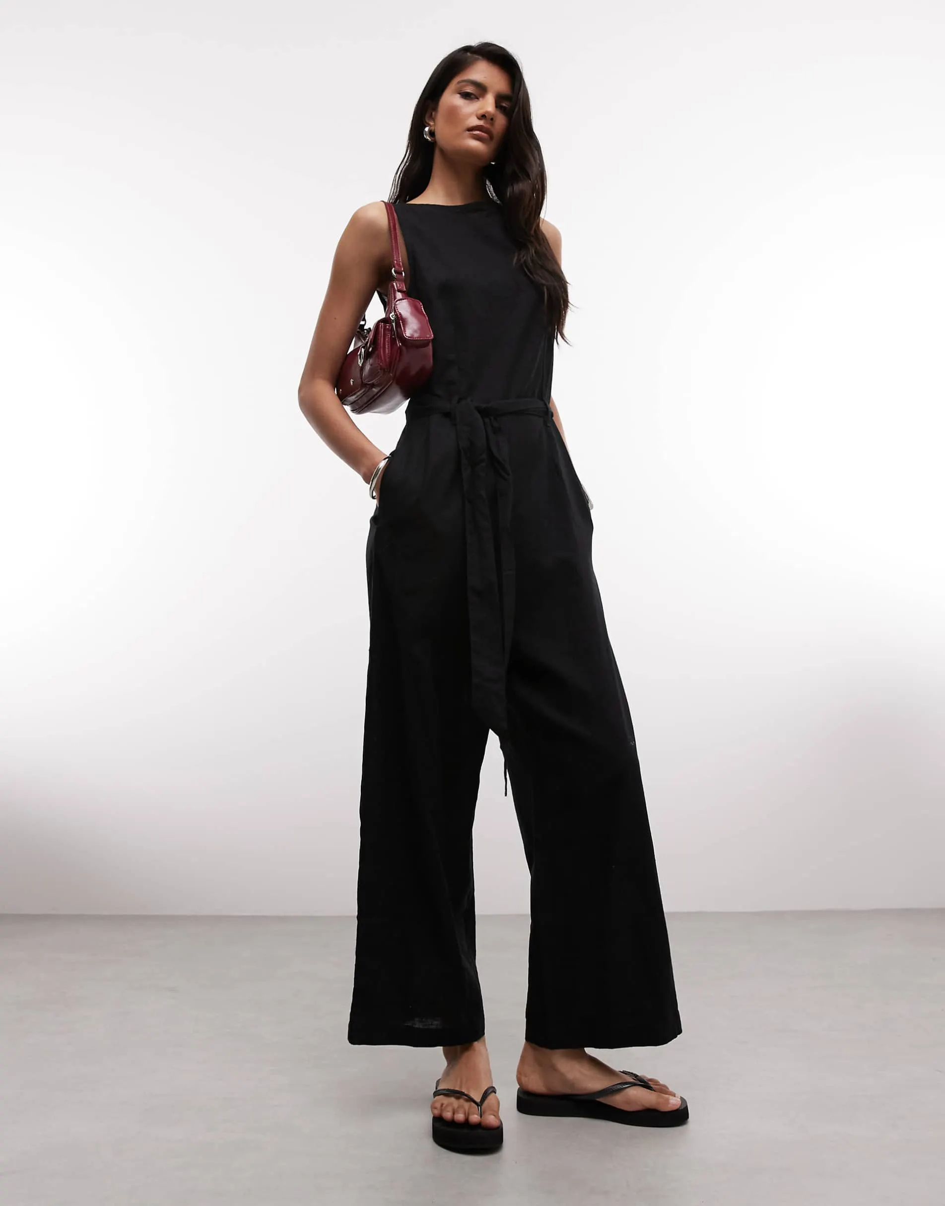 Monki linen sleeveless wide leg jumpsuit with tie belt detail in black