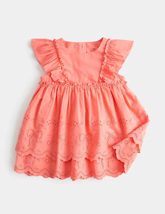Kleid aus reiner Baumwolle mit Lochstickerei (0–5 Jahre)