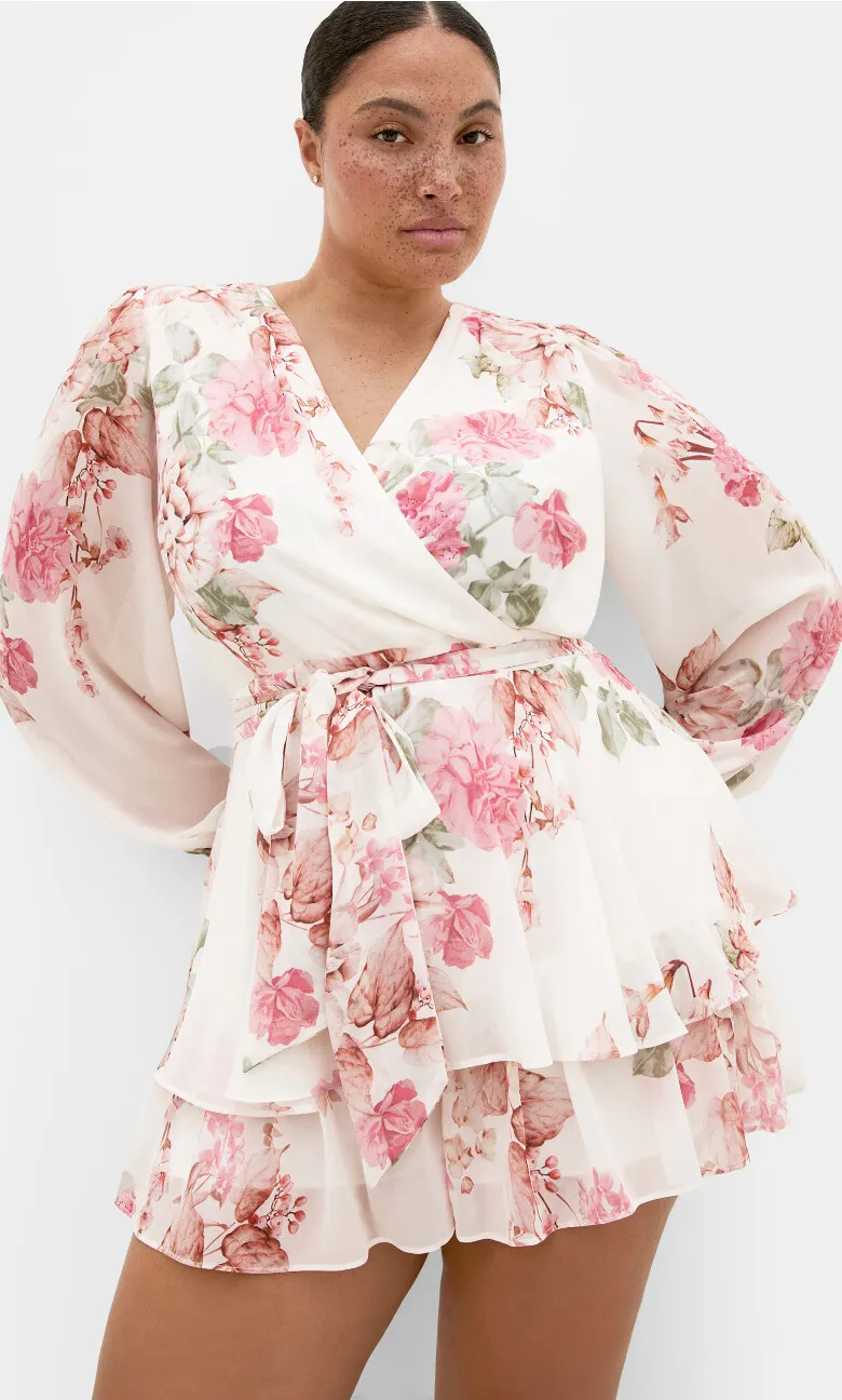 Anna Floral Print Tier Playsuit - ivory