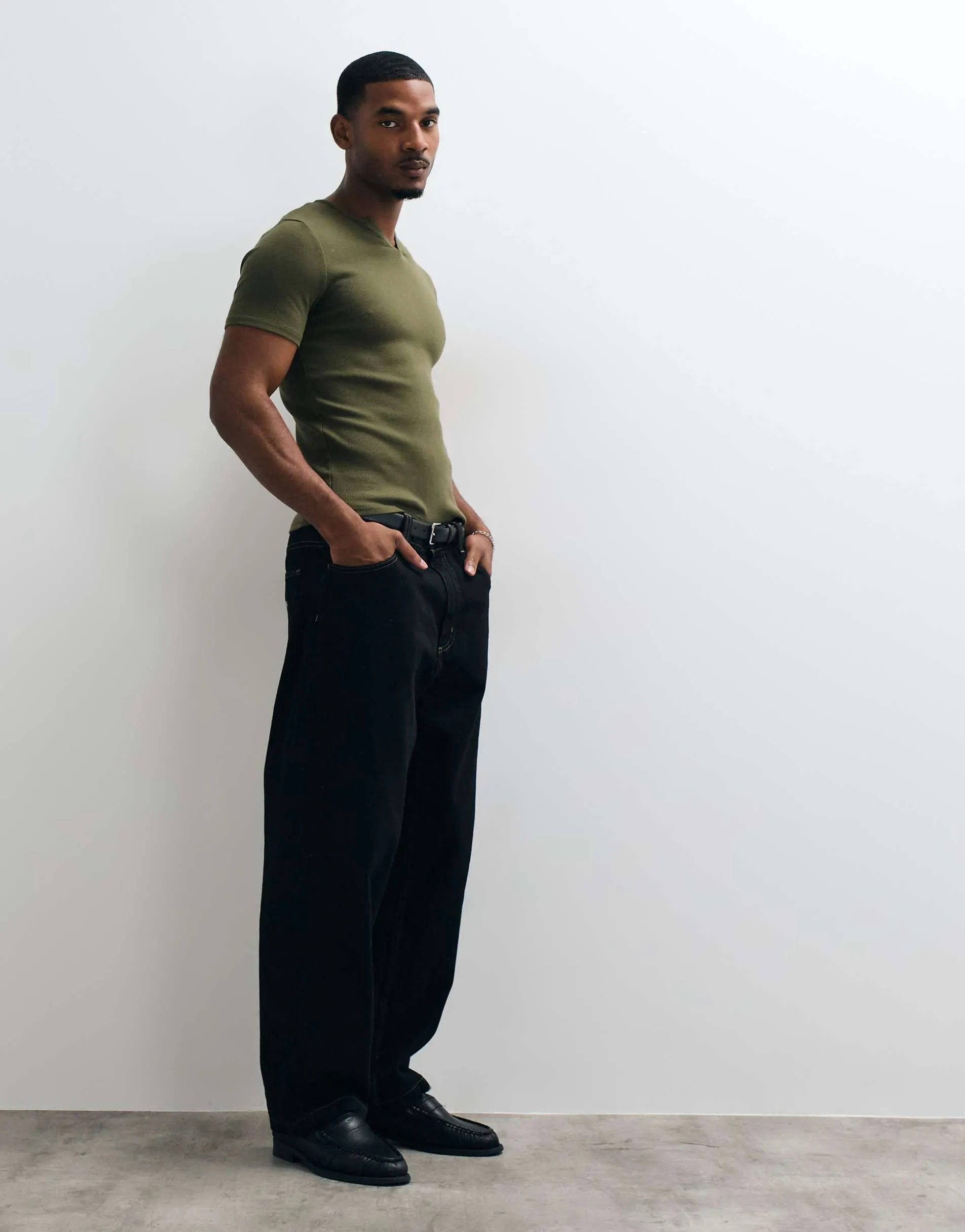 ASOS DESIGN muscle fit t-shirt with notch neck in khaki rib