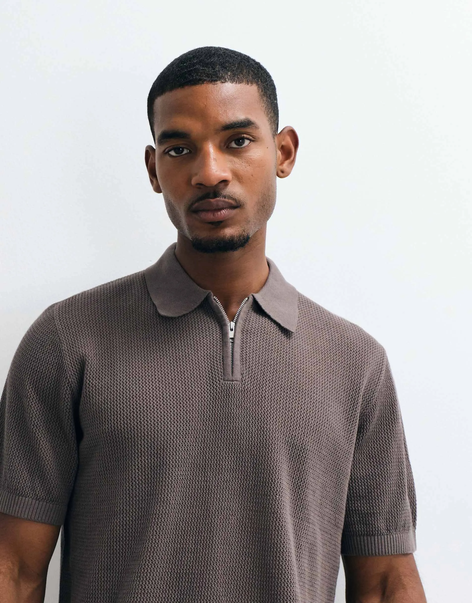 ASOS DESIGN relaxed knitted pointelle half zip polo in brown