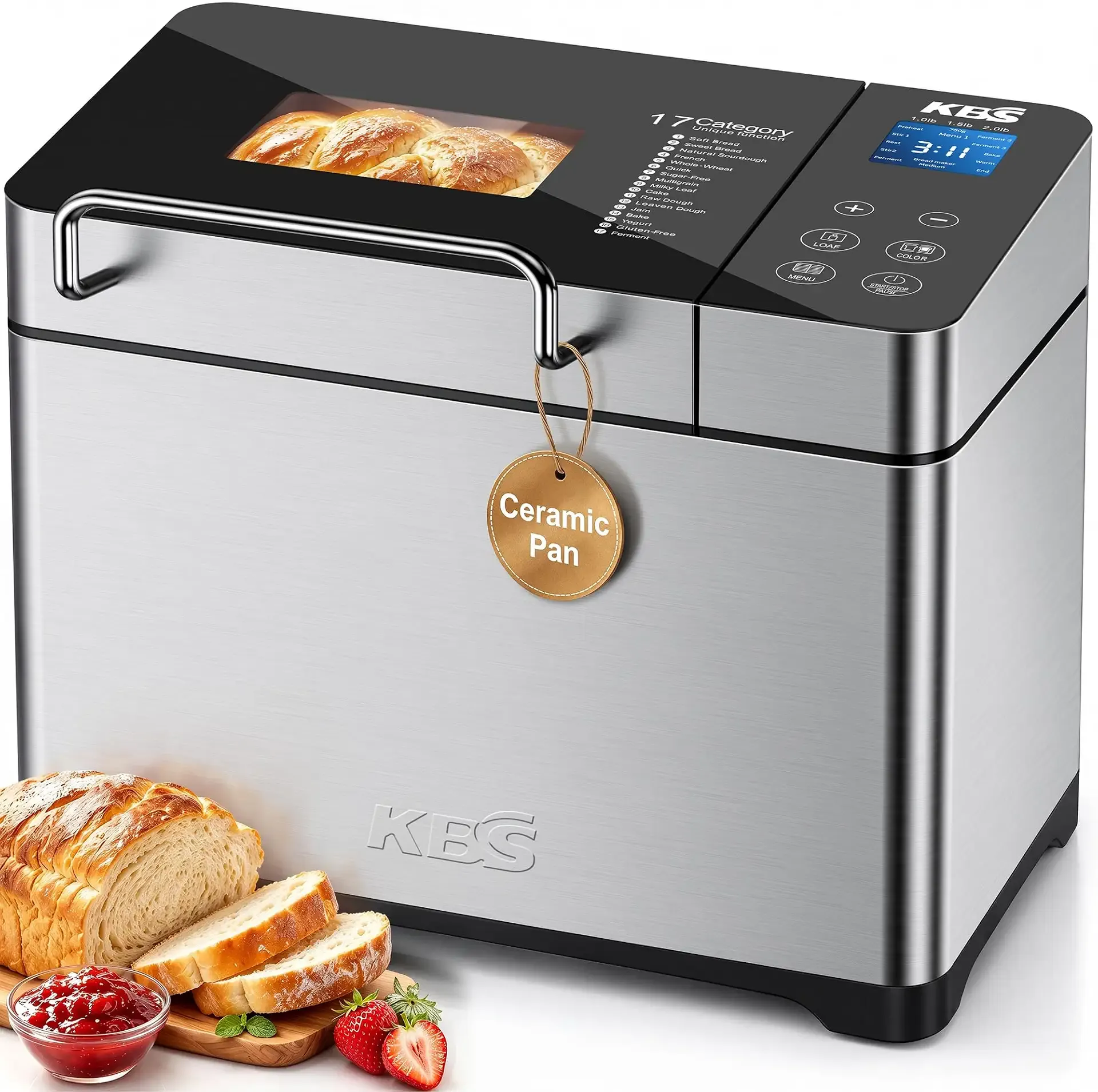 KBS Pro 710W 2.2LB Bread Maker, Stainless Steel 17-in-1 Smart Bread Machine with Healthy Ceramic Pan, Automatic Nut Dispenser, Tempered Glass Touch Panel, 3 Crust Colors, 15H Timer &Keep-Warm, Recipes