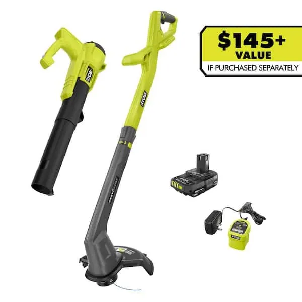 RYOBIONE+ 18V Cordless String Trimmer/​Edger and Blower/​Sweeper Combo Kit (2-​Tools)​ with 2.​0 Ah Battery and Charger