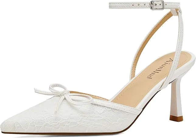 AIUNIIND Kitten Heels for Women, Closed Pointed Toe Lace Pumps, 2.75 inch | High Heel Wedding Shoes, Ankle…