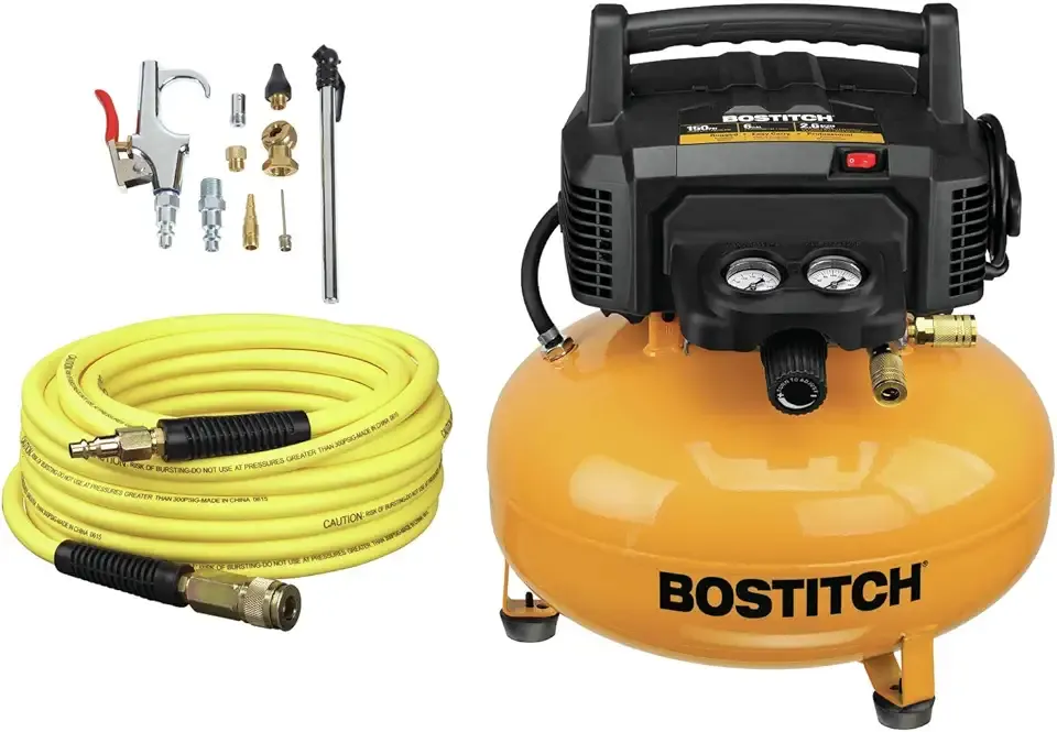 BOSTITCH Air Compressor Kit, Oil-Free, 6 Gallon, 150 PSI, Quiet Lightweight Pancake Air Compressor (BTFP02012-WPK)