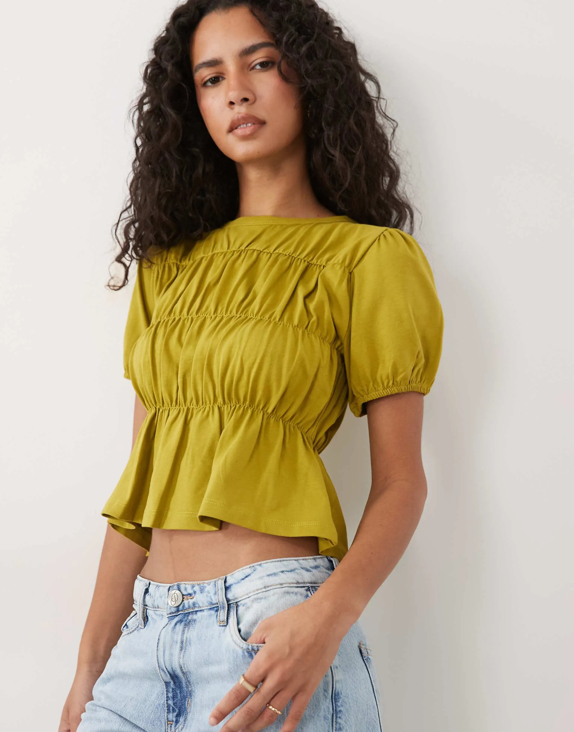 Miss Selfridge shirred peplum top in olive green