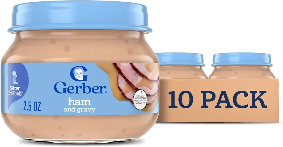 Gerber Stage 2 Baby Food, Ham and Gravy Jar, Baby Food Puree, Baby Mealtime, Baby Puree Jars Glass, 10-Pack