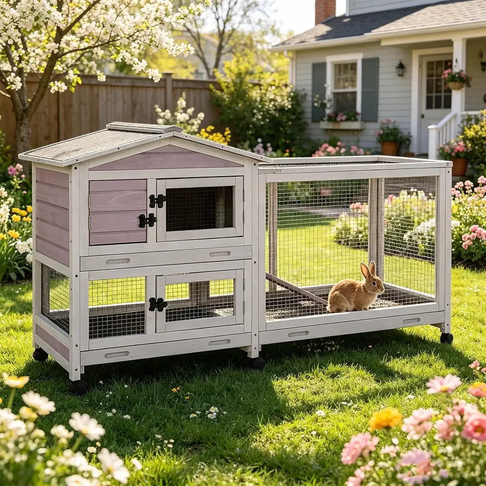 Large Rabbit Hutch Indoor, Bunny Cage Outdoor with Chew-Proof Ramp, 2-Story Guinea Pig Cages with 6 Wheels, 3 Pull-Out Trays, Waterproof Asphalt Roof, 62" L - Grey