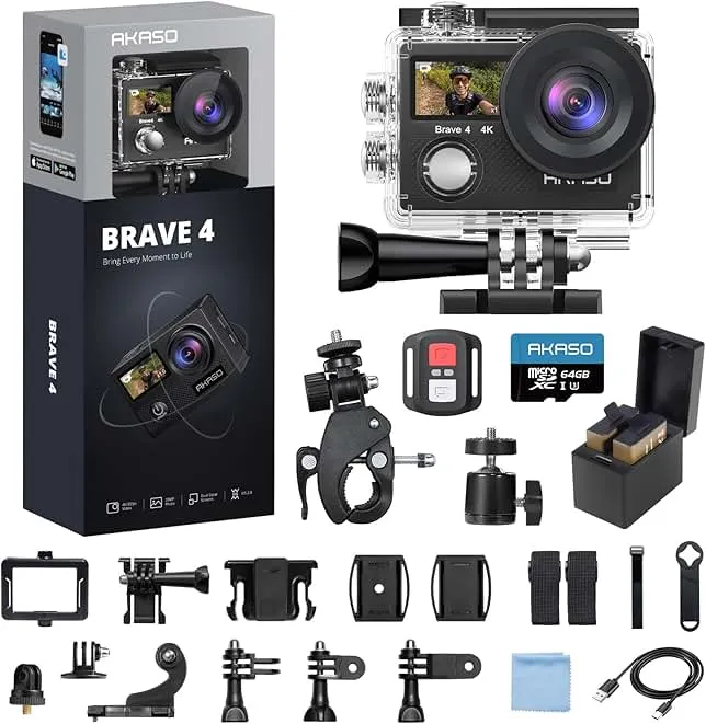 AKASO Brave 4 Action Camera 4K 30fps with 64GB MicroSD U3 Card Bicycle Helmet Accessories Kit Bundle, 20MP Ultra HD 131FT Waterproof Underwater Camera EIS WiFi Remote Control 5X Zoom Sport Cameras