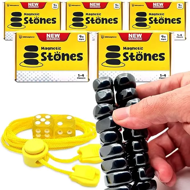 Upgraded (Multi-Level) Magnet Chess Game with String & Stones - Clear & Simple Instructions | Premium Set with 20 Larger & Stronger Stones, Adjustable Rope, 2 Dice & Travel Pouch | 5 Sets