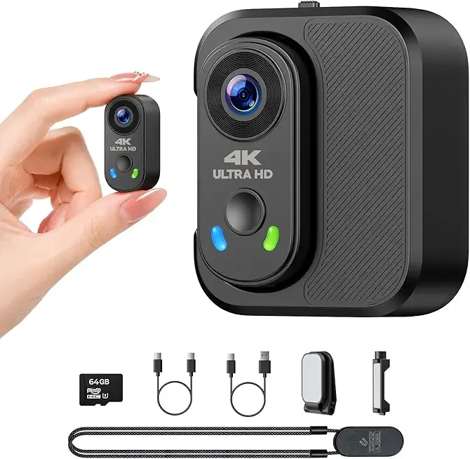 4K Mini Body Camera, Thumb Size POV Cam Action Camera with WiFi, EIS Stabilization, Magnetic Mount, 64GB Storage, Charging Case, Hands-Free Recording for Content Creator TikTok YouTube Vlogging
