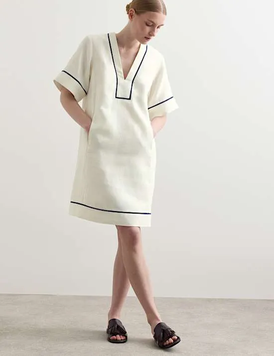 Pure Linen V-Neck Knee Length Shift Dress