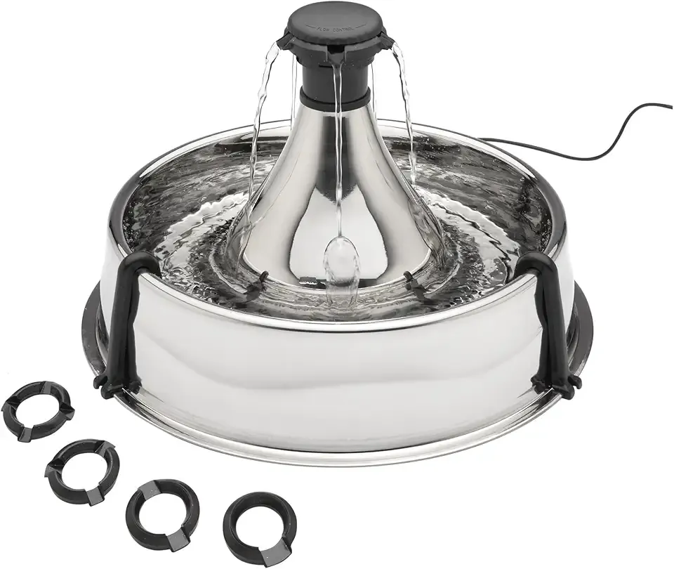 PetSafe Drinkwell Stainless Steel 360 Multiple Pet Fountain - Scratch and Rust Resistant Automatic Water Dispenser for Cats or Dogs - Adjustable Flow Control - 128 Ounce (3.8 Liter) - Filters Included