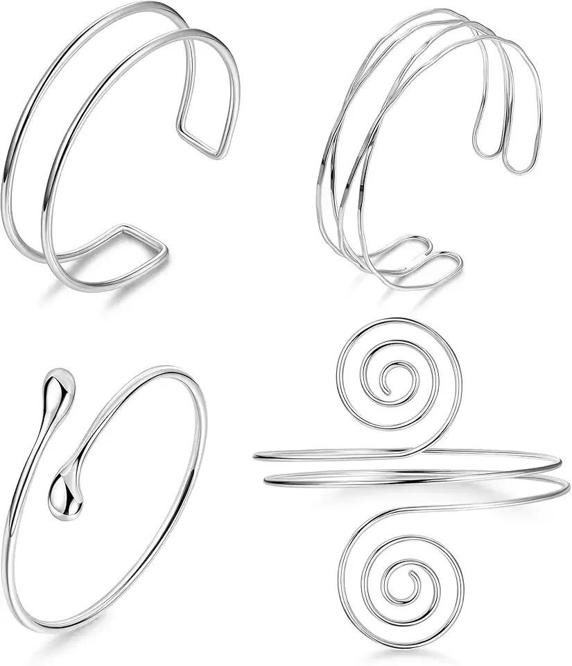 4PCS Upper Arm Cuff Bracelets for Women Gold Silver Cuff Bangle Bracelet Adjustable Upper Arm Bands Armband Set Simple Open Armlet