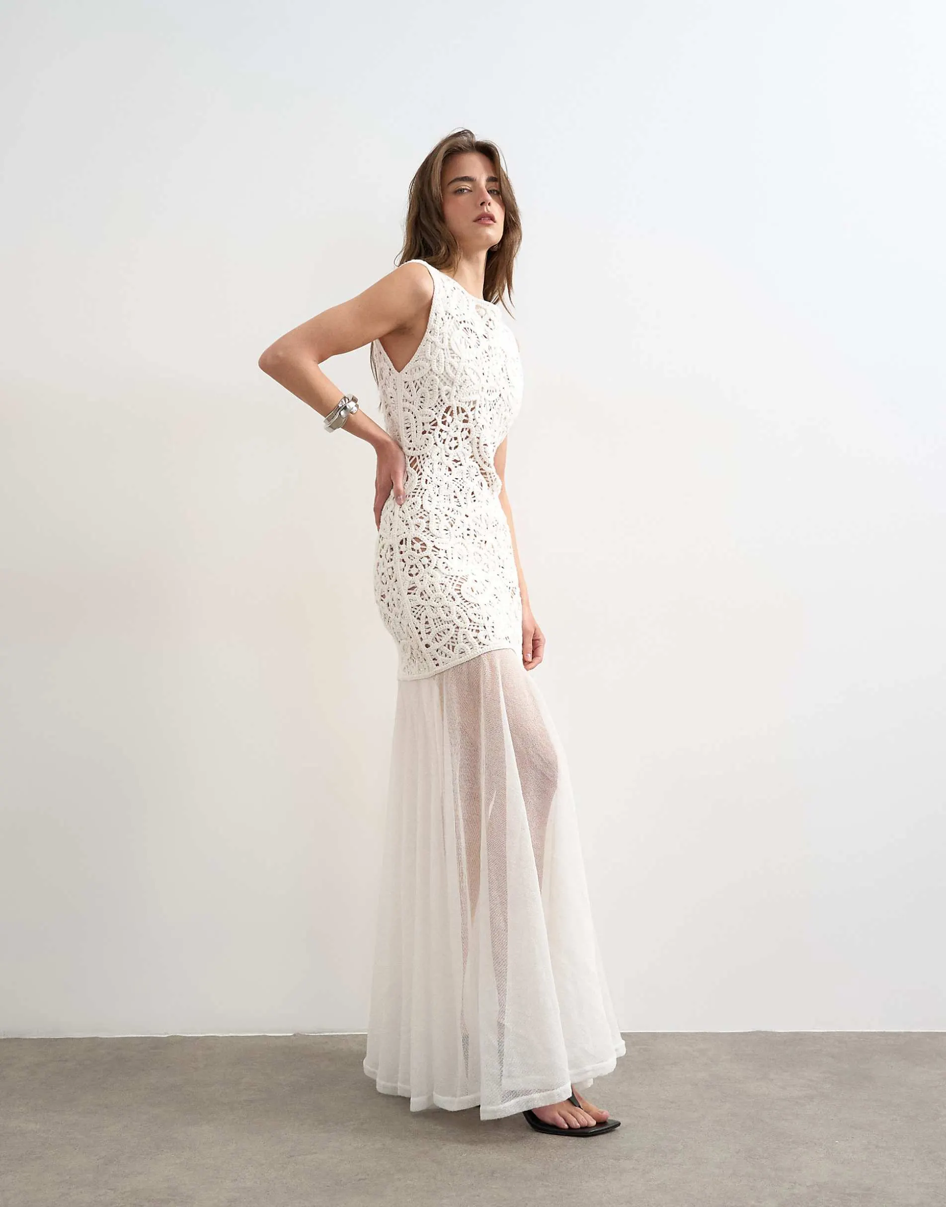 Topshop knitted premium crochet full skirt dress in ecru