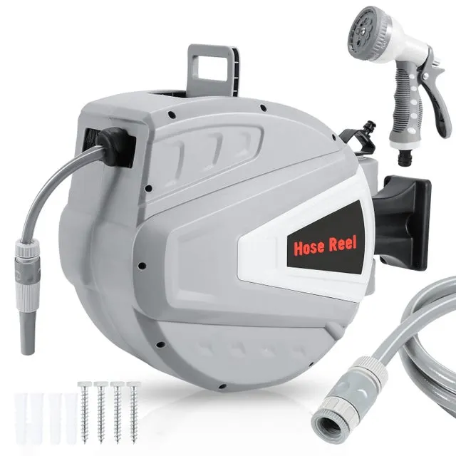 Avvolgitubo 20+2m Pressione 8 Bar con Pistola Acqua (9 Modalità Getto Regolabili) Rientro Pneumatico Automatico Girevole 180°